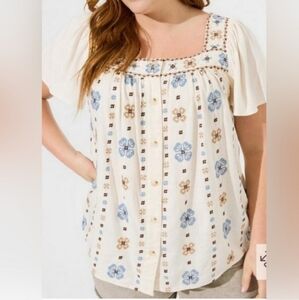 Torrid Embroidered Linen Blend Square Neck Short Sleeve Cream/Blue Sz2